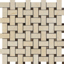 Polished Crema Marfil marble mosaic tile with basketweave pattern and dark dot accents, ideal for elegant interior surfaces.