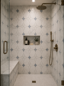 White flower waterjet honed marble mosaic tile sheet by Mythology Tile, showcasing intricate floral pattern and smooth honed surface.