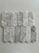 Modern Silver Travertine picket mosaic backsplash in a modern kitchen
