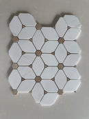 White Dolomite honed marble mosaic with decorative flower-shaped design