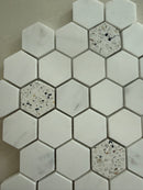 White Dolomite and terrazzo hexagon mosaic tile with contemporary geometric design