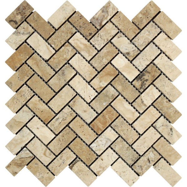 1x2 Tumbled Philadelphia Travertine Herringbone Mosaic Tile.