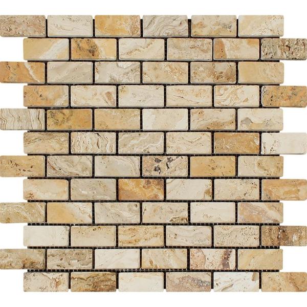 1x2 Tumbled Valencia Travertine Brick Mosaic Tile.