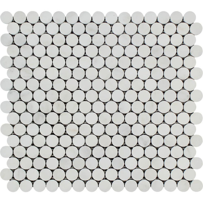 Oriental White Honed Marble Penny Round Mosaic Tile.