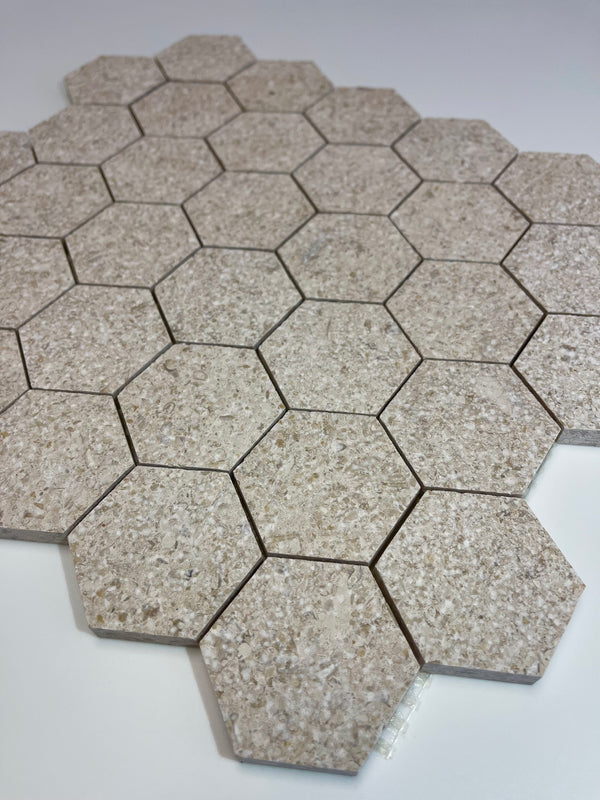Gascogne Beige 2x2 Hexagon Tumbled Limestone Mosaic Tile - Onlinetileshop.com