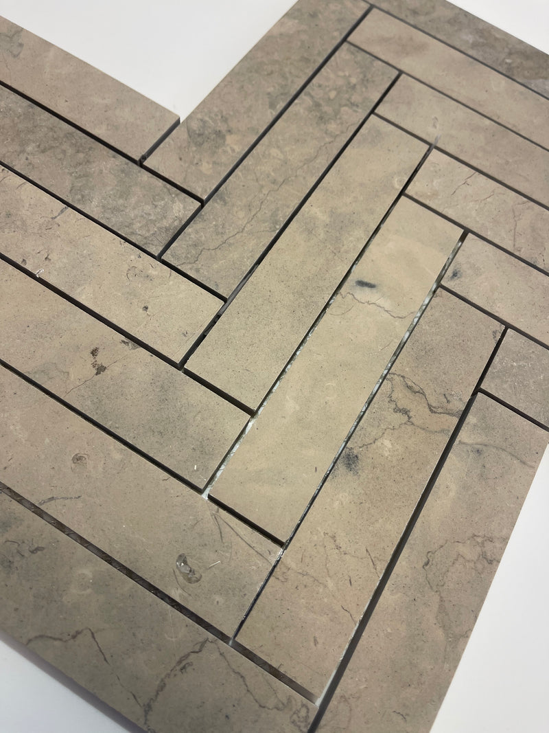 Nova Gray Honed 1x6 Herringbone Limestone Mosaic Tile - Onlinetileshop.com