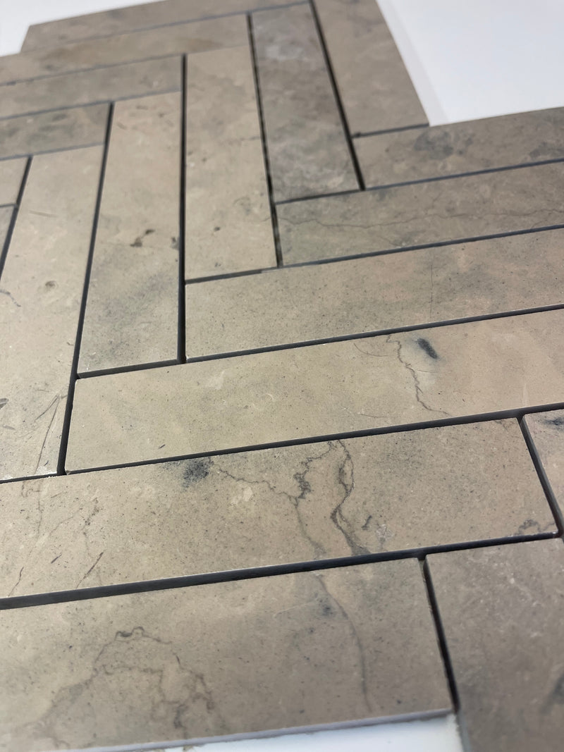 Nova Gray Honed 1x6 Herringbone Limestone Mosaic Tile - Onlinetileshop.com