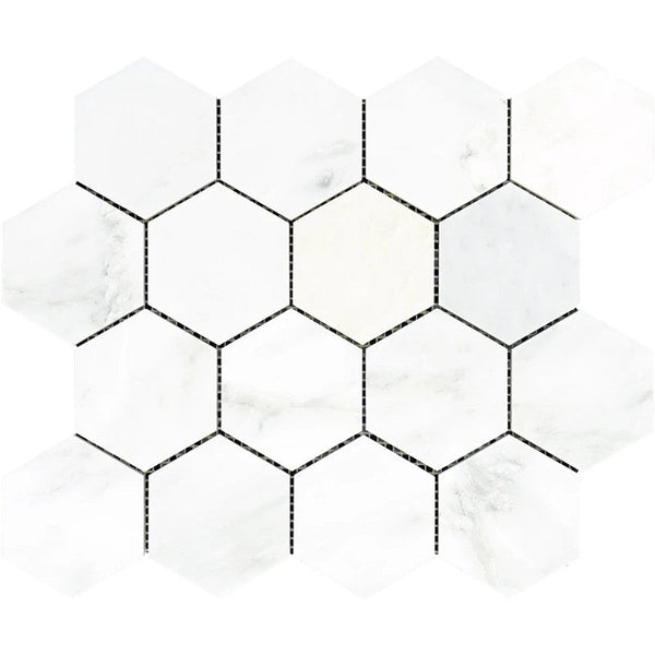 Asian Statuary (Oriental White) Marble 3x3 Hexagon Honed Mosaic Tile.