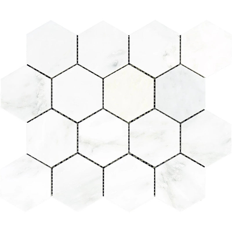 Asian Statuary (Oriental White) Marble 3x3 Hexagon Honed Mosaic Tile.