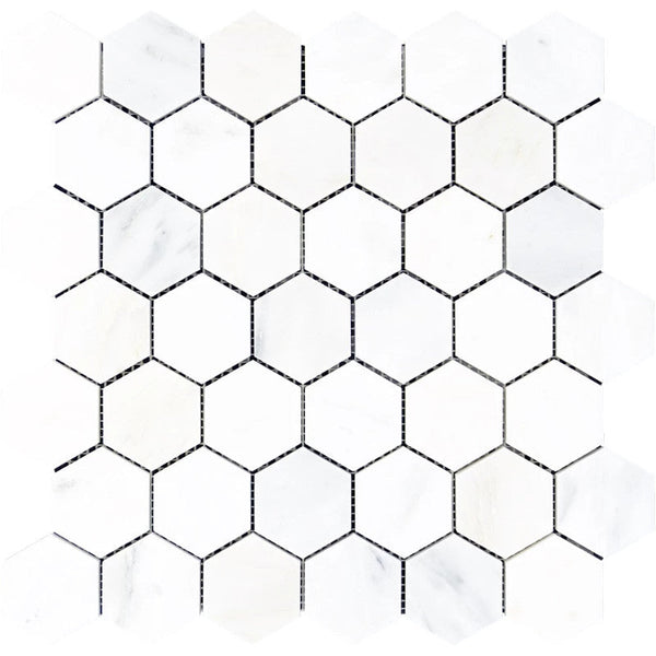 Asian Statuary (Oriental White) Marble 2x2 Hexagon Honed Mosaic Tile.