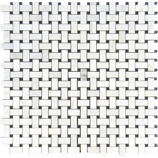 Asian Statuary (Oriental White) Basketweave W/Blue Dots Polished Mosaic Tile.