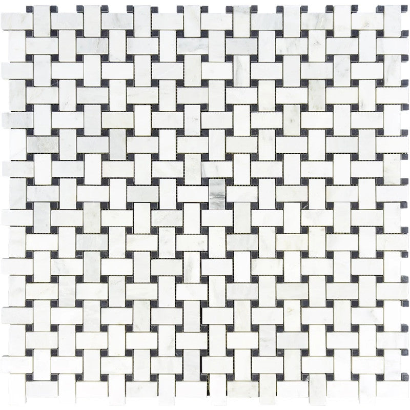 Asian Statuary (Oriental White) Basketweave W/Blue Dots Polished Mosaic Tile.