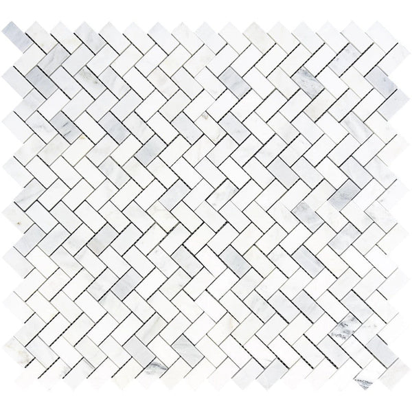 Asian Statuary (Oriental White) Marble 1x2 Herringbone Honed Mosaic Tile.