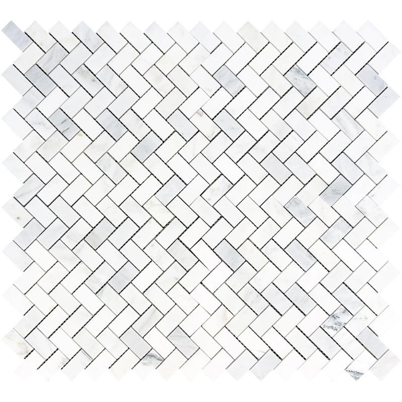 Asian Statuary (Oriental White) Marble 1x2 Herringbone Honed Mosaic Tile.