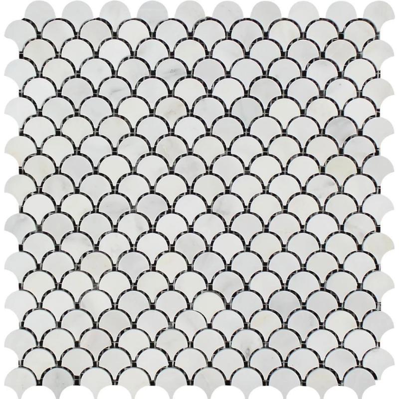 Asian Statuary (Oriental White) Marble Fan Shape (Raindrop) Honed Mosaic Tile.