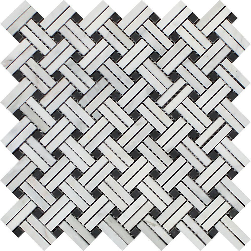 Oriental White Honed Marble Stanza Mosaic Tile w/ Black Dots.