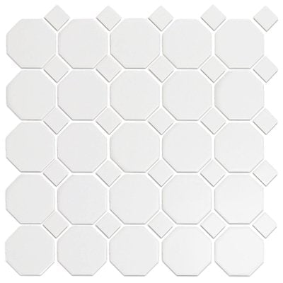 Cc Mosaics Sn Wh 12x12 W/ Black Oct Porcelain Mosaic Tile.