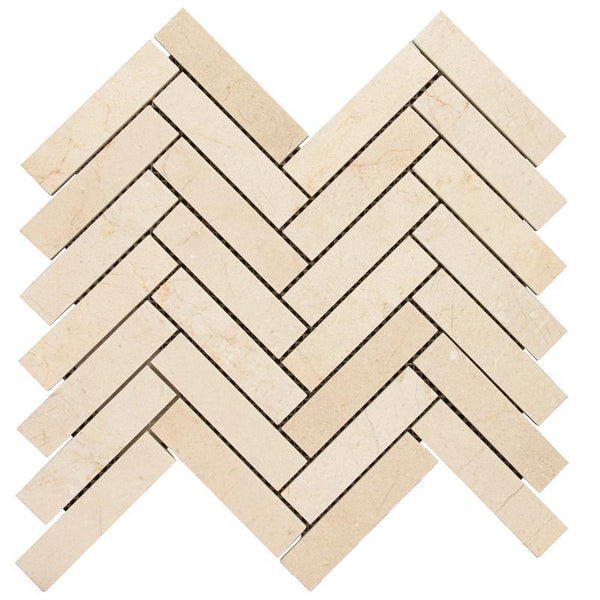 Crema Marfil Marble 1x4 Herringbone Polished Mosaic Tile.