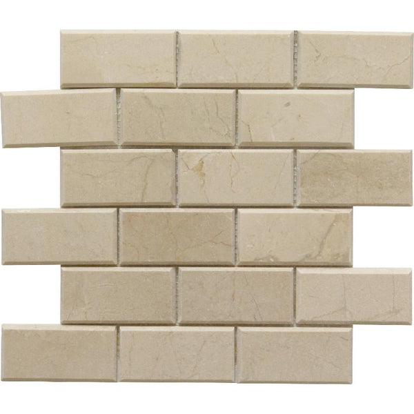 Crema Marfil Marble 2x4 Polished Deep Beveled Brick Mosaic Tile.