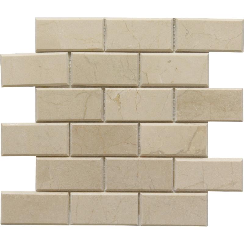Crema Marfil Marble 2x4 Polished Deep Beveled Brick Mosaic Tile.
