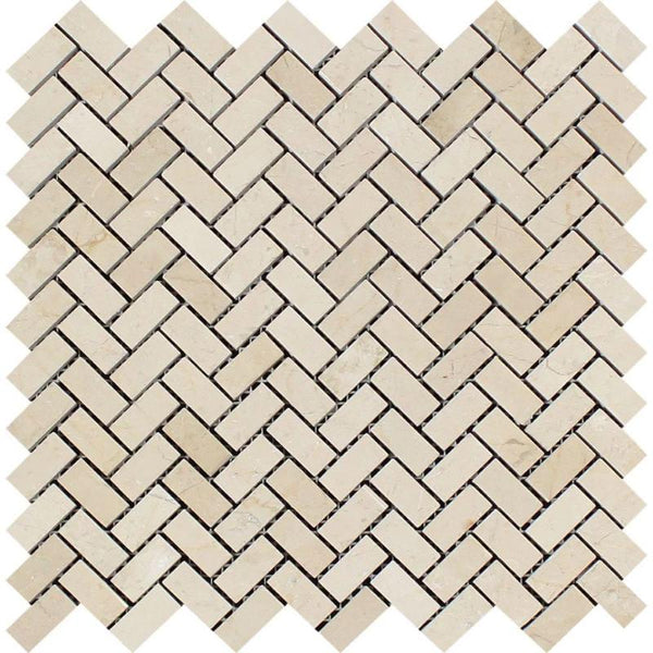 Crema Marfil Marble Mini Herringbone Polished Mosaic Tile.