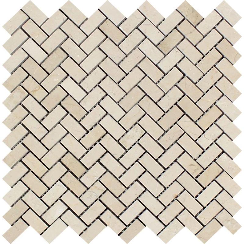 Crema Marfil Marble Mini Herringbone Polished Mosaic Tile.