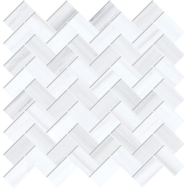 Dolomite Pearl Marble 1x2 Herringbone Polished Mosaic Tile.
