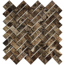 Emperador Dark Spanish Marble 1x2 Herringbone Polished Mosaic Tile.