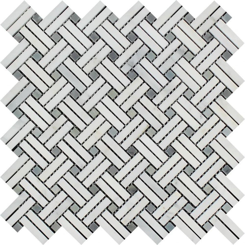 Oriental White Honed Marble Stanza Mosaic Tile w/ Blue-Gray Dots.