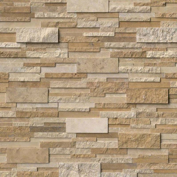 Ivory & Noce Travertine Multi Blend 6x24 Stacked Stone Ledger Panel.