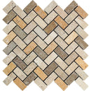 Mixed Travertine 1x2 Herringbone Tumbled Mosaic Tile.