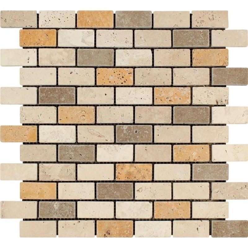 Mixed Travertine 1x2 Tumbled Mosaic Tile.