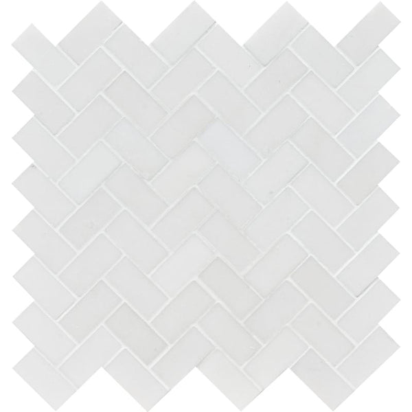 Mont Blanc White Marble 1x2 Herringbone Polished Mosaic Tile.