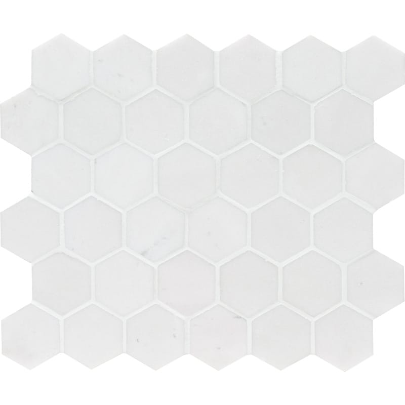 Mont Blanc White Marble 2x2 Hexagon Honed Mosaic Tile.