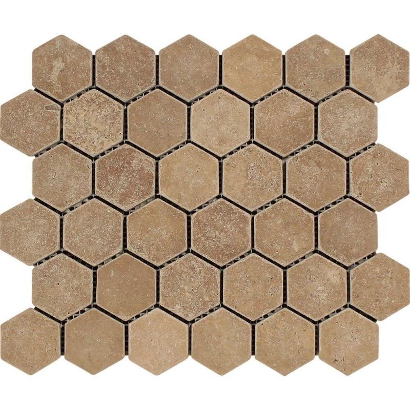 Noce Travertine 2x2 Hexagon Tumbled Mosaic Tile.