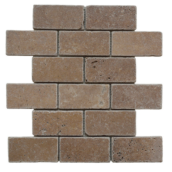 Noce Travertine 2x4 Tumbled Mosaic Tile.