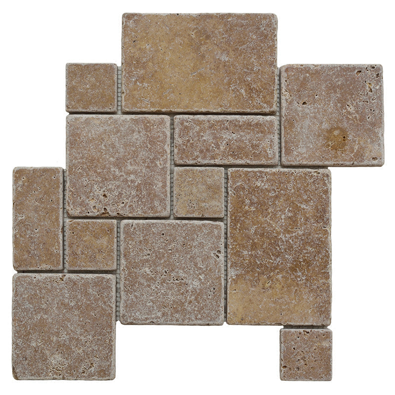 Noce Travertine Opus Mini Pattern Tumbled Mosaic Tile.