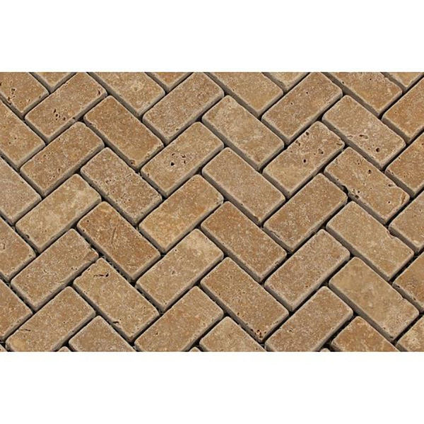Noce Travertine 1x2 Herringbone Tumbled Mosaic Tile.