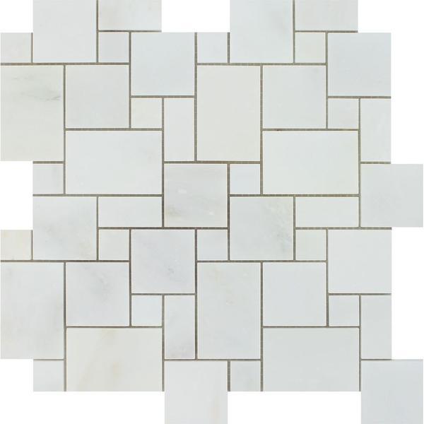 Oriental White Honed Marble Mini Versailles Pattern Mosaic Tile.