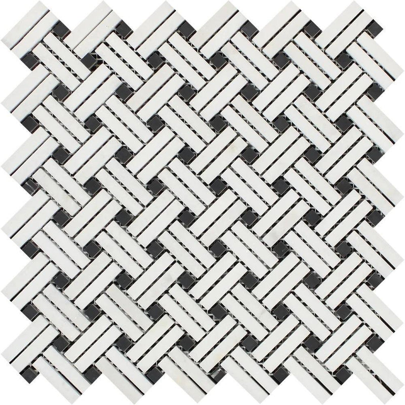 Oriental White Polished Marble Stanza Mosaic Tile w/ Black Dots.