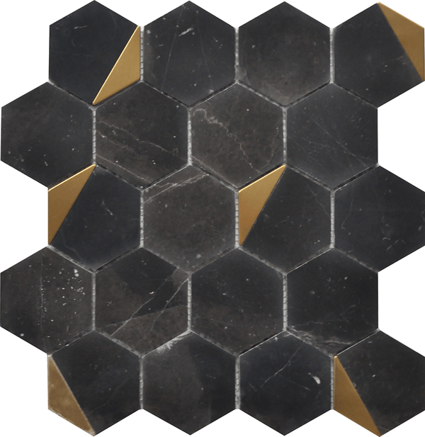 Rockart Nero Marquina Hexagon 12x13 Marble Mosaic Tile.