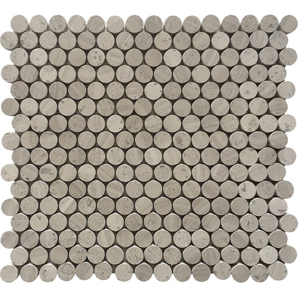 Savannah Wooden Penny Polished Wooden Gray Mosaic Tile.