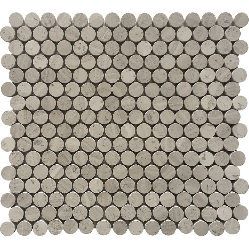 Savannah Wooden Penny Polished Wooden Gray Mosaic Tile.