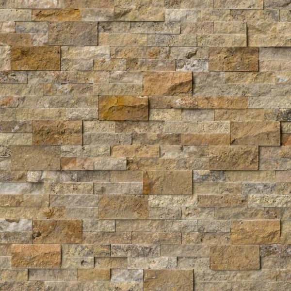Scabos Travertine 6x24 Split Face Stacked Stone Ledger Panel.