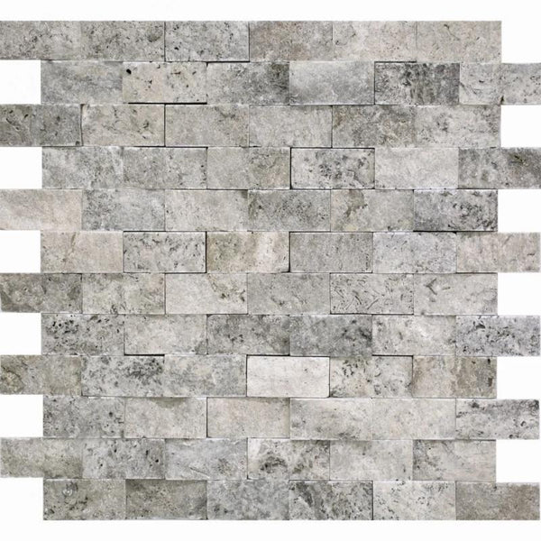 Silver Travertine 1x2 Split Face Mosaic Tile.