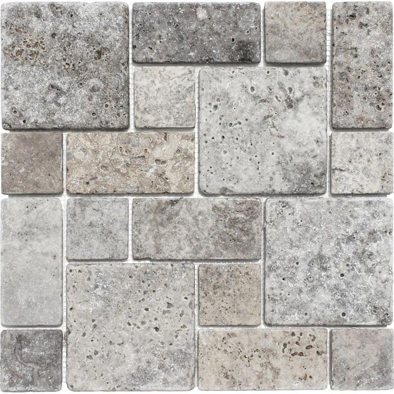 Silver Travertine Mini Pattern Tumbled Mosaic Tile.