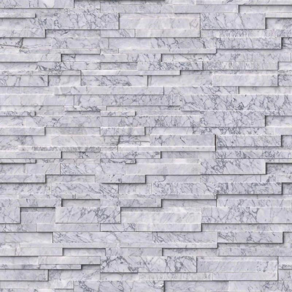 Statuario Marble 3D 6x24 Stacked Stone Ledger Panel.