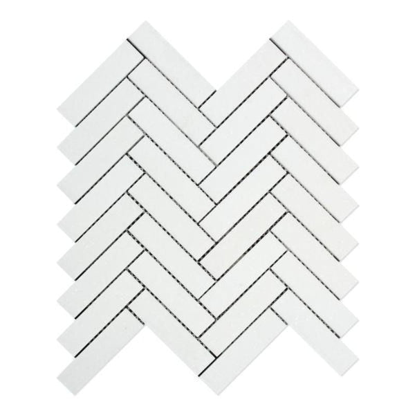 Thassos White Marble 1x4 Herringbone Polished Mosaic Tile.