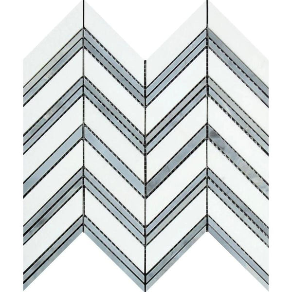 Thassos White Marble Chevron with Blue Strips Honed Mosaic Tile.