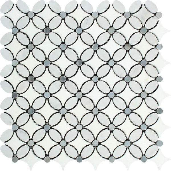Thassos White Marble Florida Flower Polished Mosaic Tile w/Blue Dots.